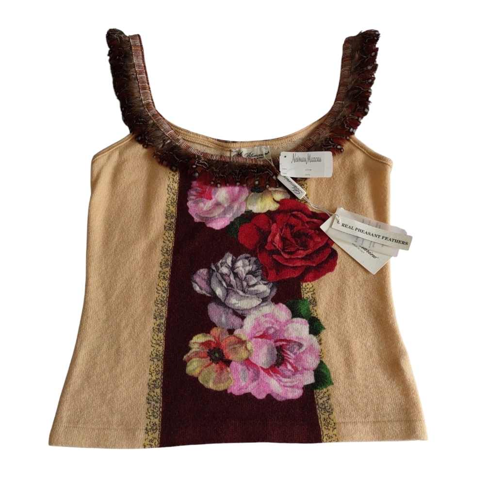 NWT Blumarine Wool Cashmere Pheasant Feather Floral Sleeveless Knit Top